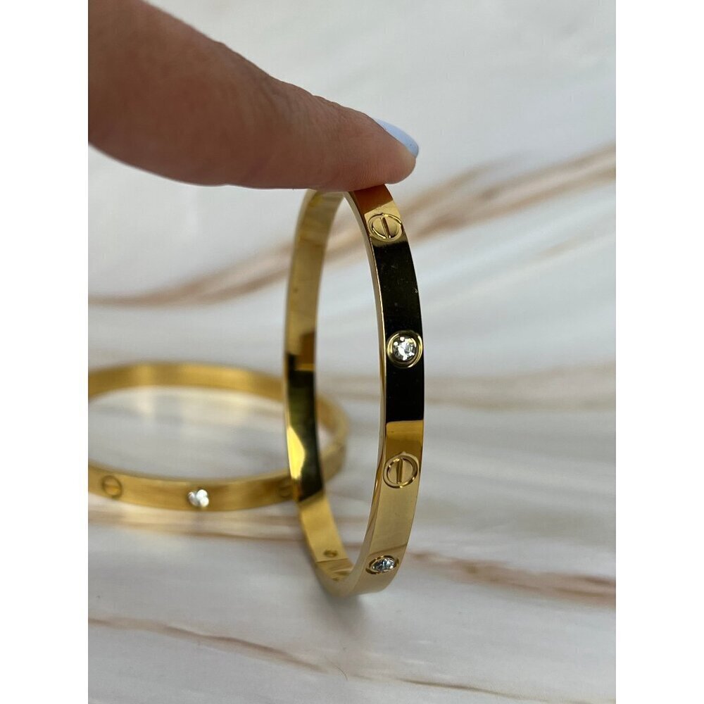 Lima Gold Tone Stainless Steel Crystal Bangle Bracelet - Hypoallergenic - Picture 3 of 3